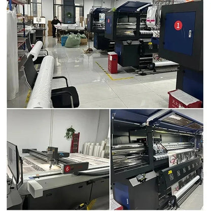 Industrial-grade digital printing machines with sleek black and blue roll-fed systems for high-volume retro record music canvas prints