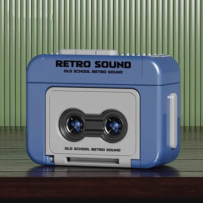 Blue and white retro recorder mini portable speaker with old school retro sound branding as pendant friends gifts