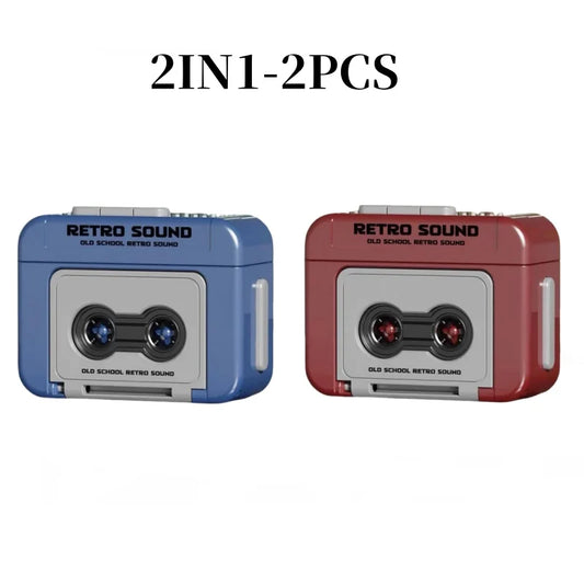 Blue and red retro recorder mini portable music players with silver accents sound decompression ornament pendant friends gifts