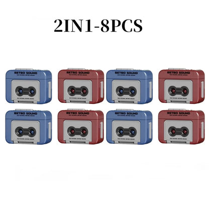 Set of eight retro recorder mini portable speakers in blue and red with white panels as sound decompression ornaments