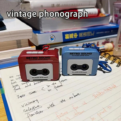 Red and blue retro recorder mini earphone cases shaped like cassette tapes with retro sound branding as sound decompression ornament pendant friends gifts