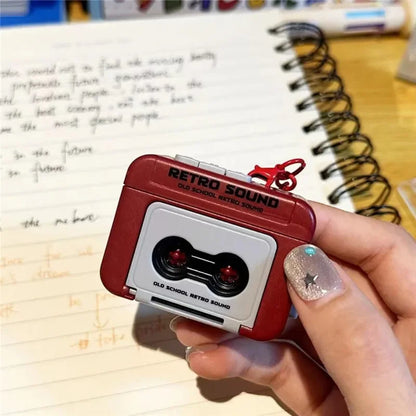 Red and white retro recorder mini airpods case with black accents and retro sound branding as sound decompression ornament pendant friends gifts