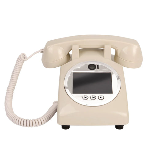 Cream-colored vintage style telephone with digital display and silver accents for retro style wedding booth message recording