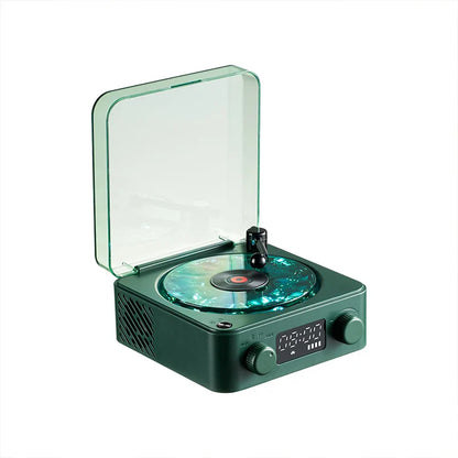 Emerald green retro turntable speaker with transparent glass lid wireless bluetooth vinyl and rgb projection lamp effect