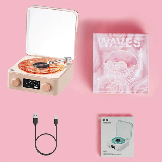 Beige retro turntable speaker with wireless bluetooth vinyl support, wooden knobs, digital display, and rgb projection lamp