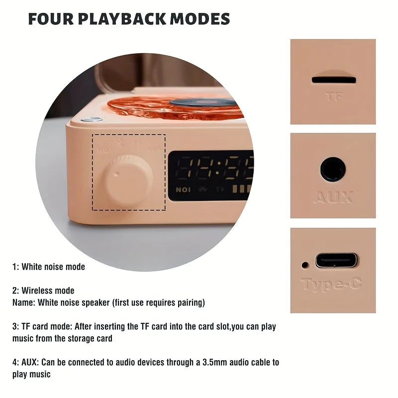 Beige retro turntable speaker with digital display, orange top panel, tf card slot, aux input, type-c port, and rgb projection lamp