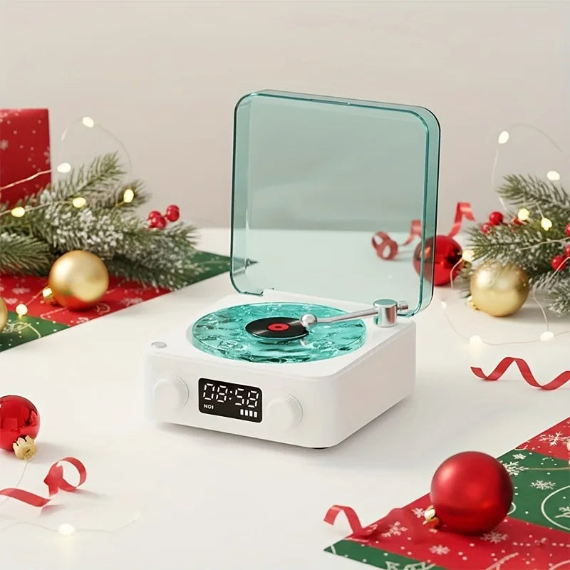 White retro turntable speaker with wireless bluetooth vinyl, rgb projection lamp, and translucent teal record player design