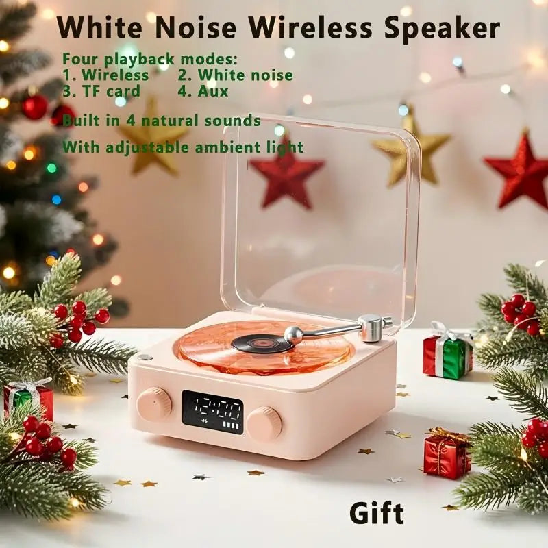 Pastel pink retro turntable speaker with wireless bluetooth vinyl, orange platter, transparent lid, and rgb projection lamp effect