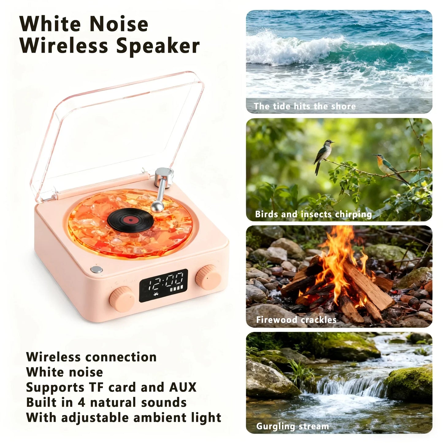 Pastel pink retro turntable speaker with wireless bluetooth vinyl and rgb projection lamp featuring a transparent lid and orange disc
