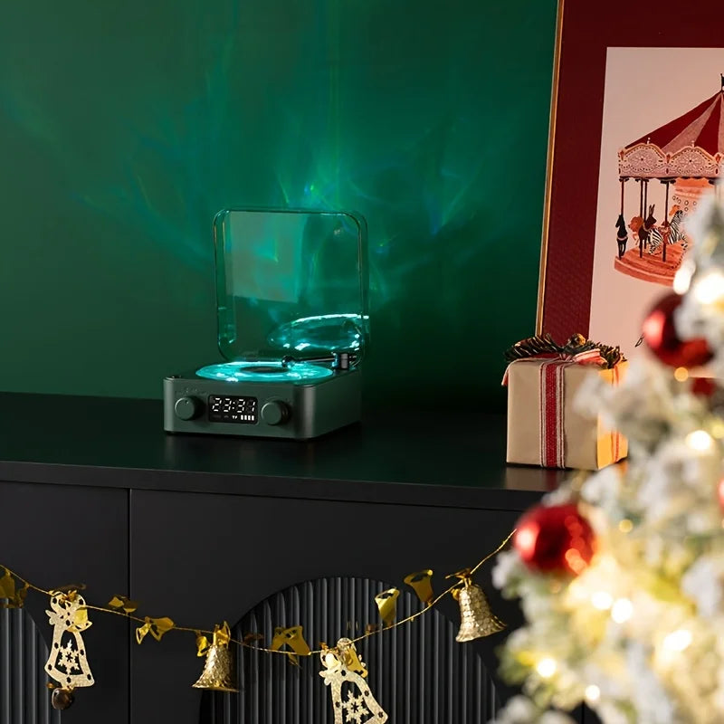 A sleek retro turntable speaker with wireless bluetooth vinyl, transparent lid, glowing blue light, and rgb projection lamp