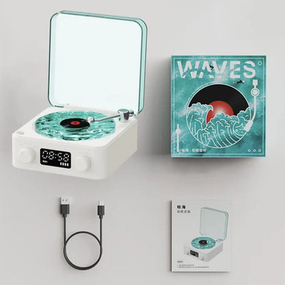 White and teal retro turntable speaker with wireless bluetooth vinyl playback and rgb projection lamp effect