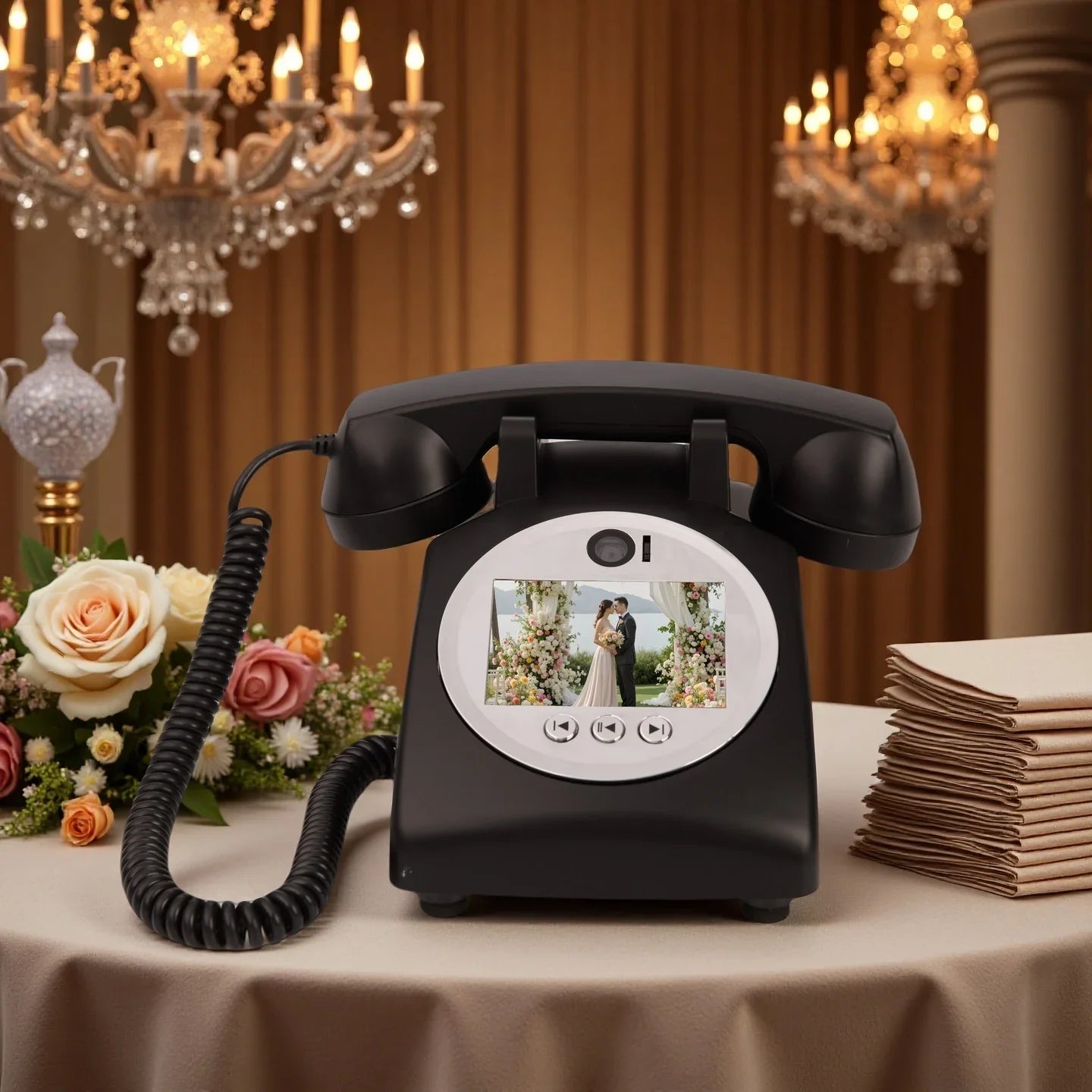 Black vintage-style rotary phone retro video guestbook with circular screen displaying wedding photo for anniversary family souvenirs