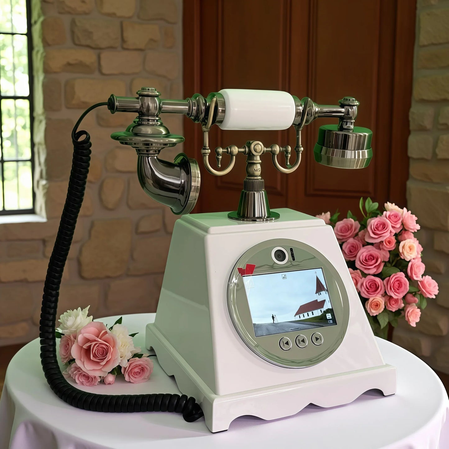 Vintage-style white retro video guestbook telephone with chrome accents and circular screen for romantic wedding use