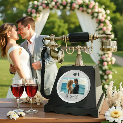 Vintage-style brass retro video guestbook telephone with black base and circular screen displaying couple photo for anniversary family souvenirs