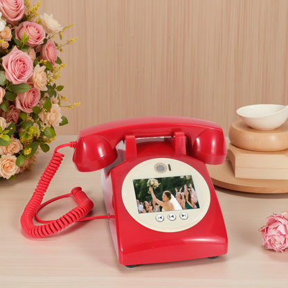 Vibrant red vintage-style rotary phone retro video guestbook with circular digital display showing wedding photo for anniversary family souvenirs