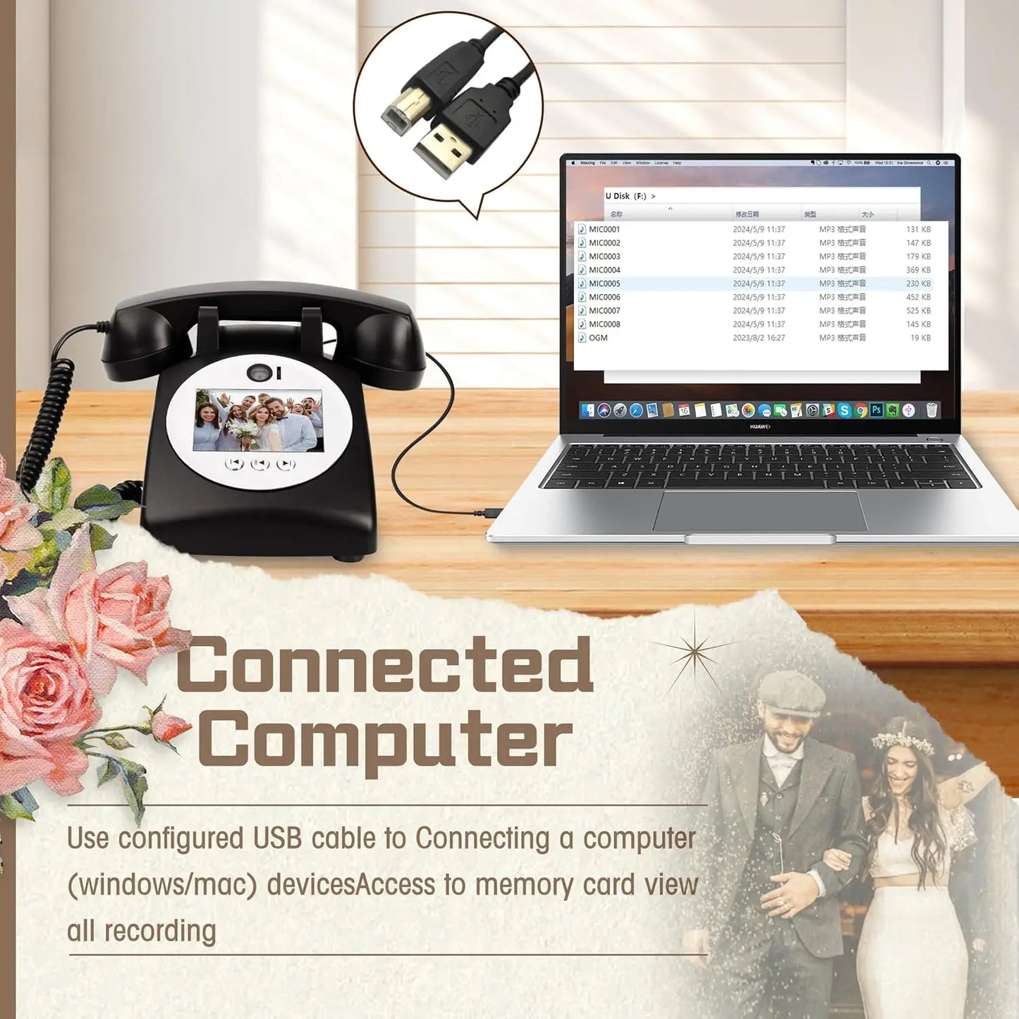 Black vintage-style retro video guestbook telephone with circular photo display for guestbook romantic wedding and anniversary family souvenirs