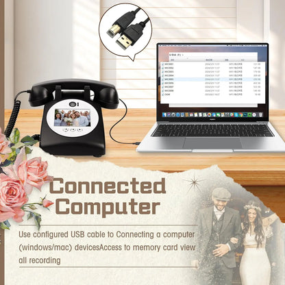 Black vintage-style retro video guestbook telephone with circular photo display for guestbook romantic wedding and anniversary family souvenirs
