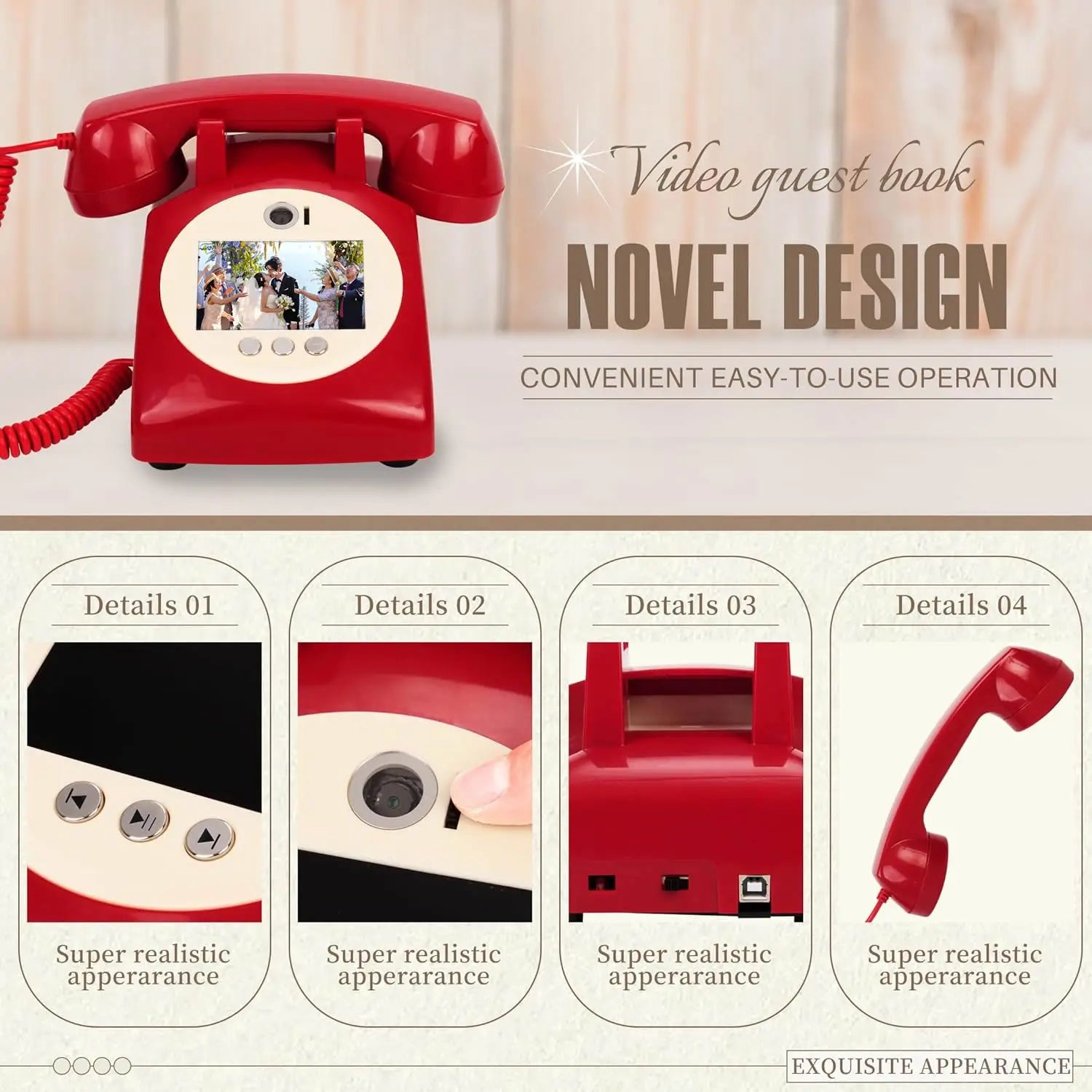 Red vintage-style telephone retro video guestbook with circular screen showing wedding video and silver buttons for anniversary family souvenirs