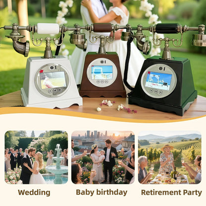 Three vintage-style rotary telephones with digital screens in white brown and black for retro video guestbook and anniversary souvenirs