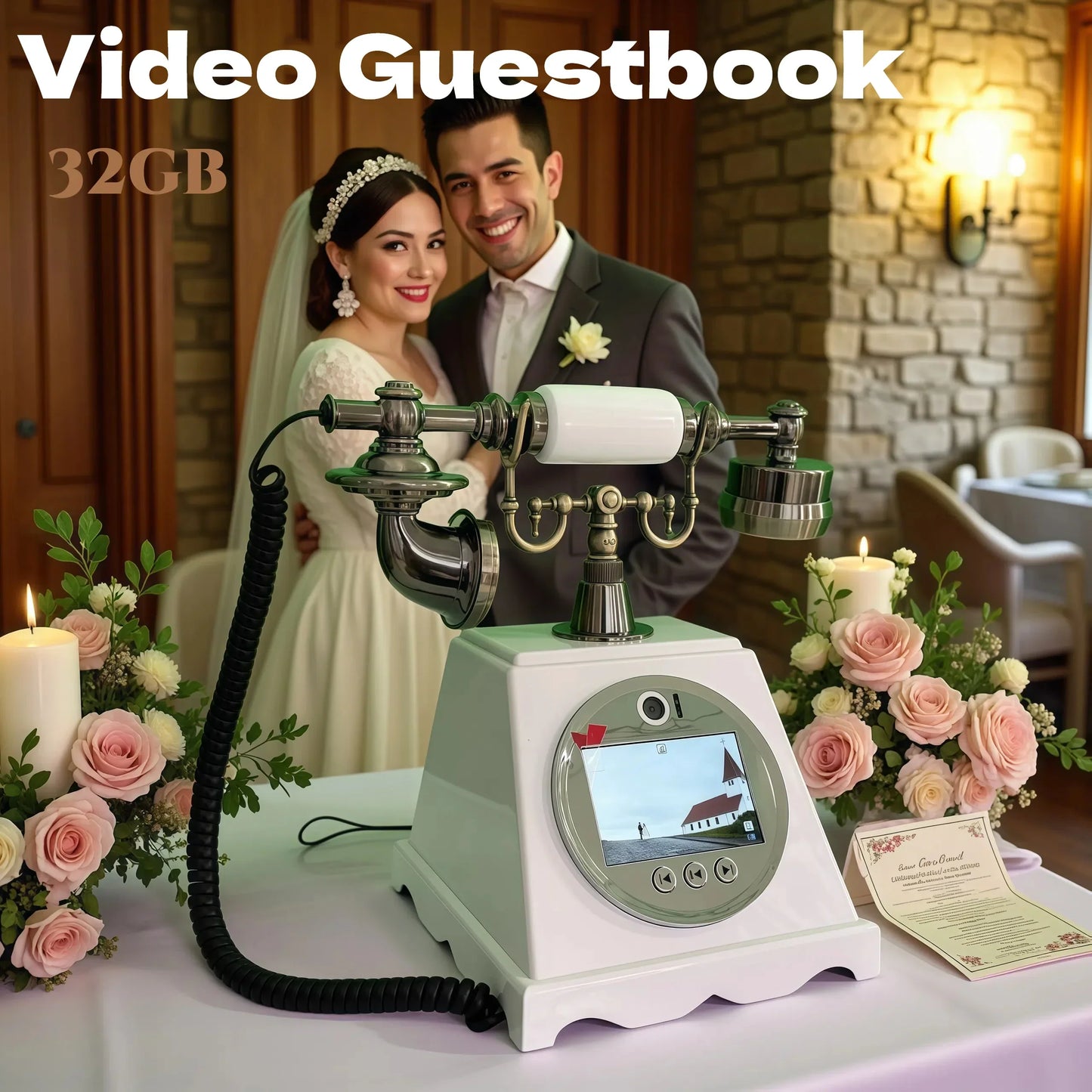 Vintage-style white and silver retro video guestbook with a circular screen displaying a guestbook romantic wedding scene for anniversary family souvenirs