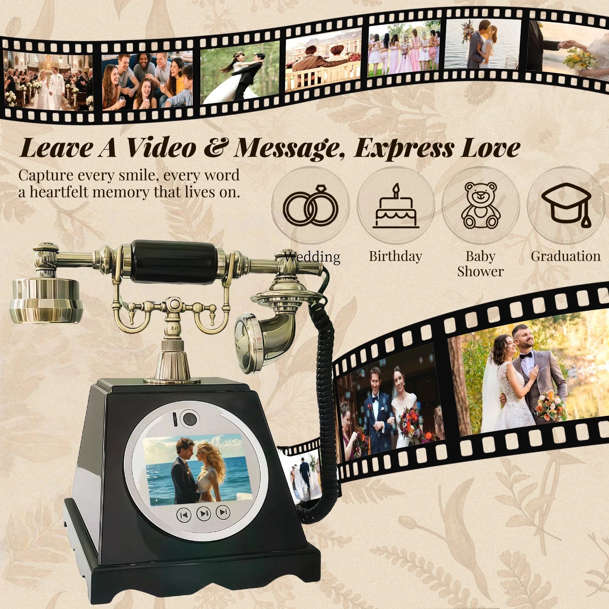 Vintage-style black and brass retro video guestbook rotary phone with circular screen displaying couple for guestbook romantic wedding and anniversary family souvenirs