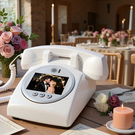 White vintage-style telephone retro video guestbook with circular screen showing wedding photo and playback controls for anniversary family souvenirs