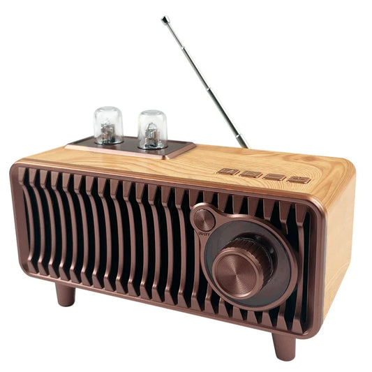 Retro wireless speaker vintage radio walnut wood with copper metal accents rotary fm radio and vacuum tubes