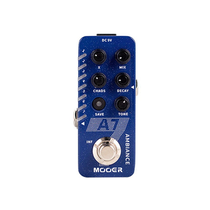 Blue speckled mooger 7 ambience guitar pedal with six black knobs and buffer bypass for reverb effect tone capture
