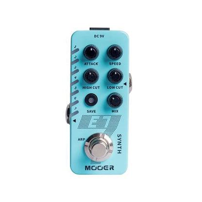 Light blue MOOER R7 guitar pedal with black knobs and silver footswitch featuring reverb effect and buffer bypass