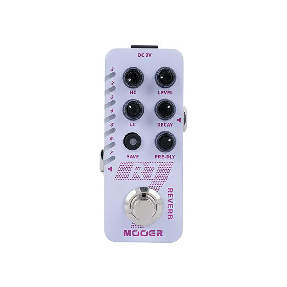 A lavender moer reverb guitar pedal with silver footswitch black knobs featuring buffer bypass for reverb effect
