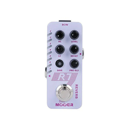 A lavender moer reverb guitar pedal with silver footswitch black knobs featuring buffer bypass for reverb effect