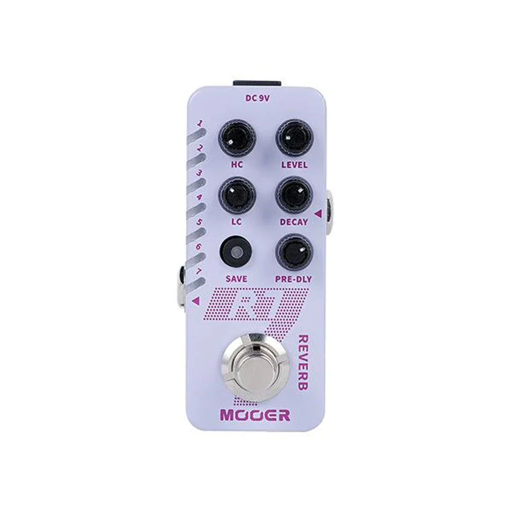 Lavender MOOER R7 guitar pedal with silver footswitch and black knobs featuring a reverb effect and buffer bypass