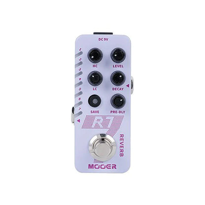 Lavender MOOER R7 guitar pedal with silver footswitch and black knobs featuring a reverb effect and buffer bypass