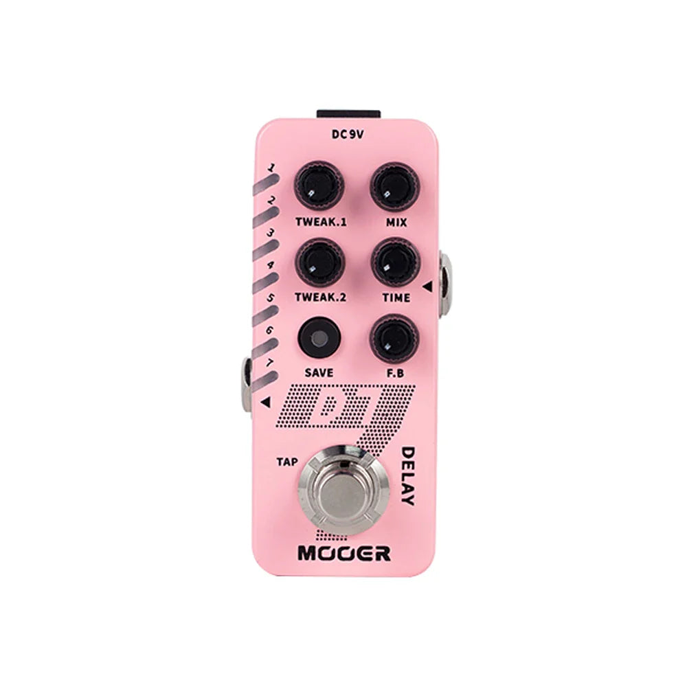 Pink mouser delay guitar pedal with black knobs silver footswitch offers buffer bypass and reverb effect features