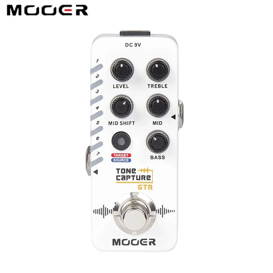 White moger tone capture guitar pedal with black knobs and silver footswitch featuring buffer bypass and reverb effect