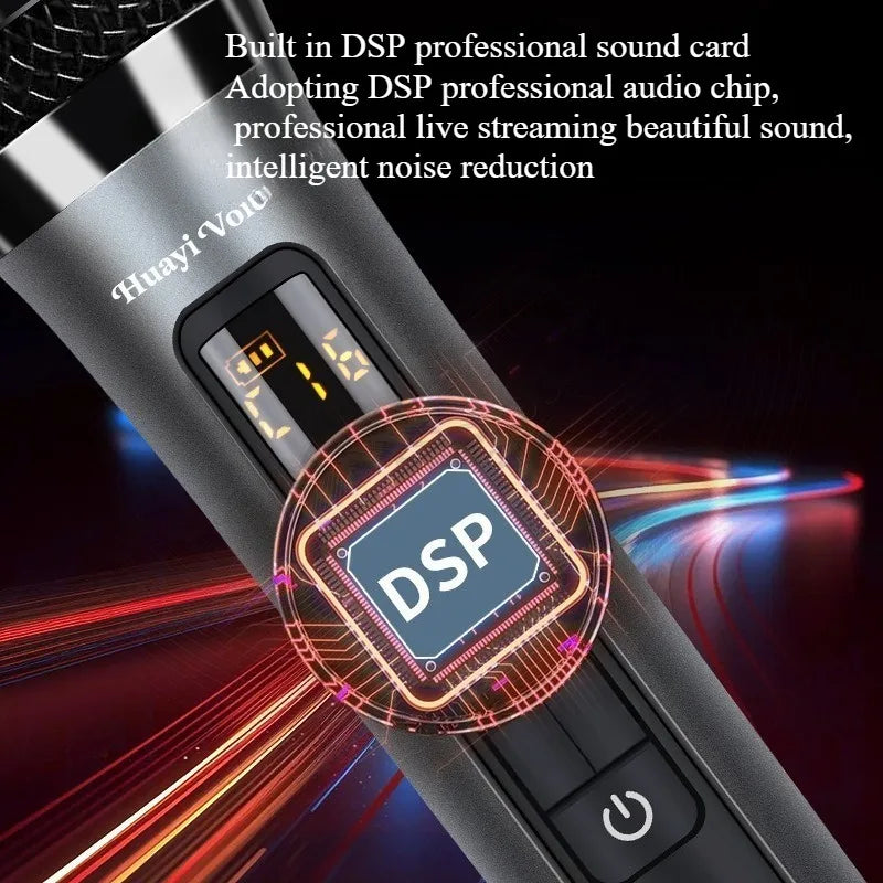 Black huayi voi wireless reverberation microphone singing ktv with sleek metallic finish digital display and directional sound card