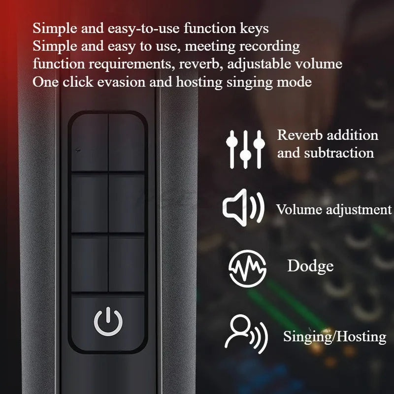 Black rectangular reverberation microphone singing ktv device with four tactile buttons and directional sound card features