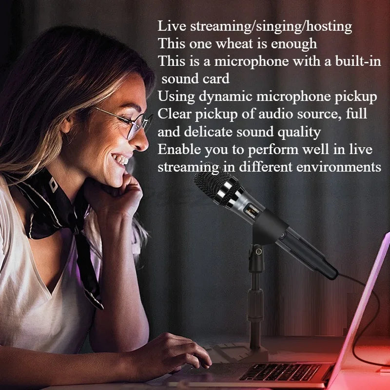 Black and silver reverberation microphone singing ktv with heart-shaped directional sound card for home and outdoor use