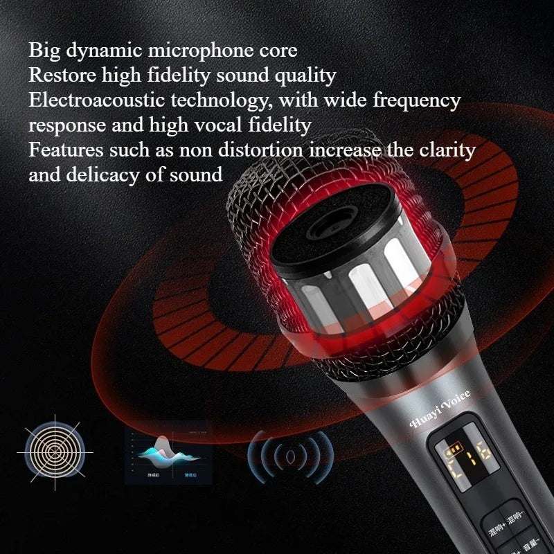 Black and silver handheld reverberation microphone singing ktv with mesh grille red accent lighting and directional sound card