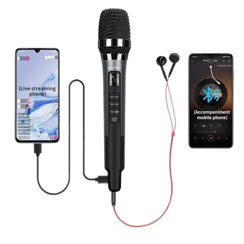 Black huanvoc wireless reverberation microphone singing ktv with mesh grille directional sound card and control buttons