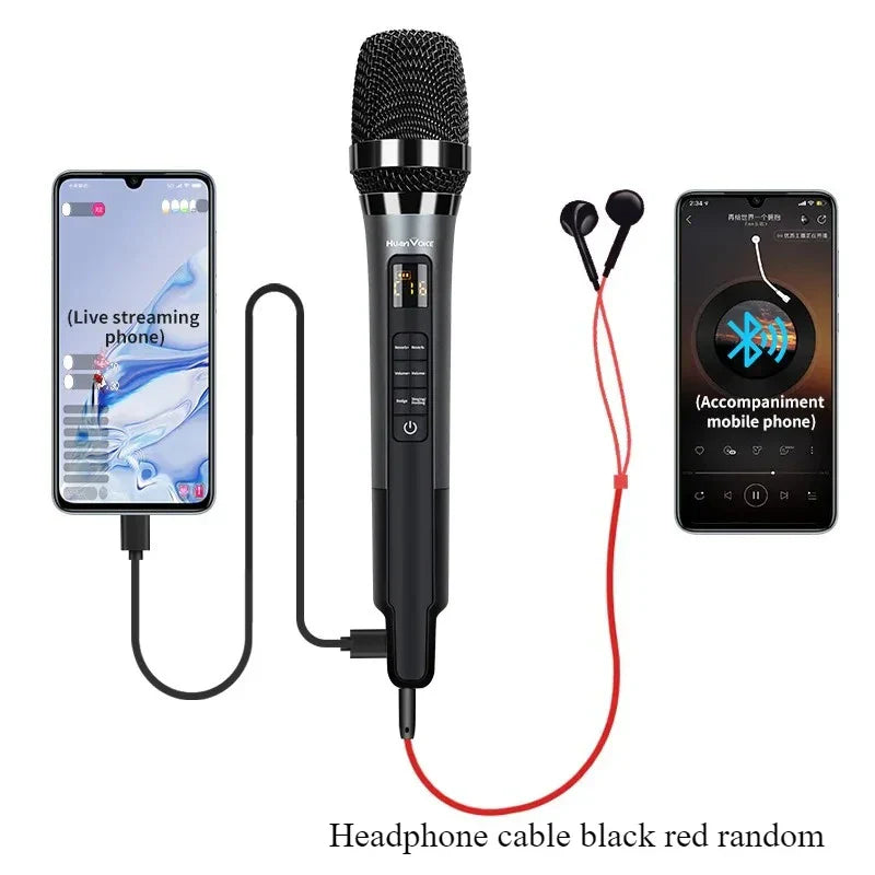 Black reverberation microphone singing ktv with mesh grille silver accents control buttons led display directional sound card