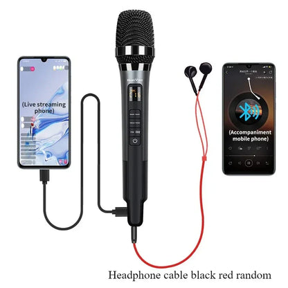 Black reverberation microphone singing ktv with mesh grille silver accents control buttons led display directional sound card