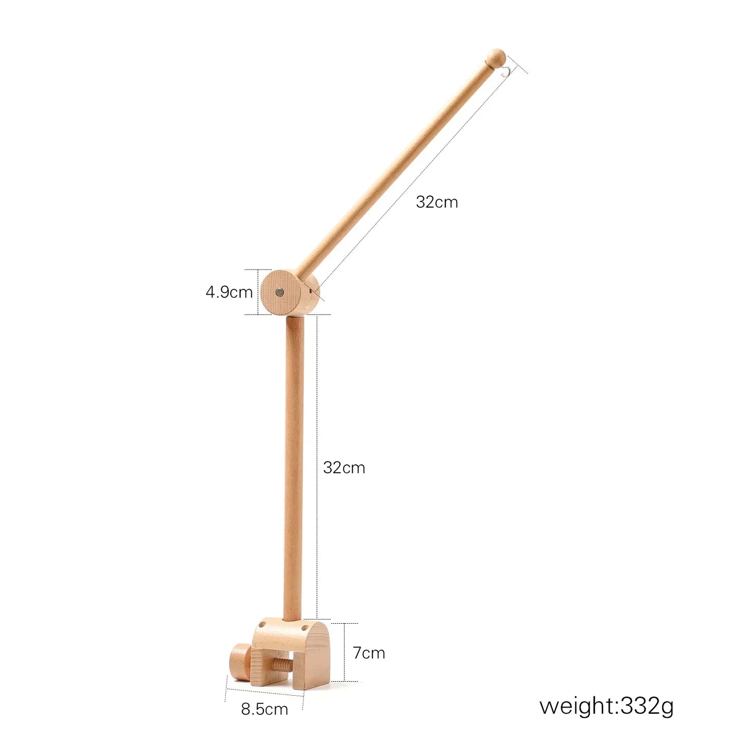 Lightweight wooden desk lamp with adjustable arm and clamp base next to revolving music box for newborns baby crib rattle baby soothing toy
