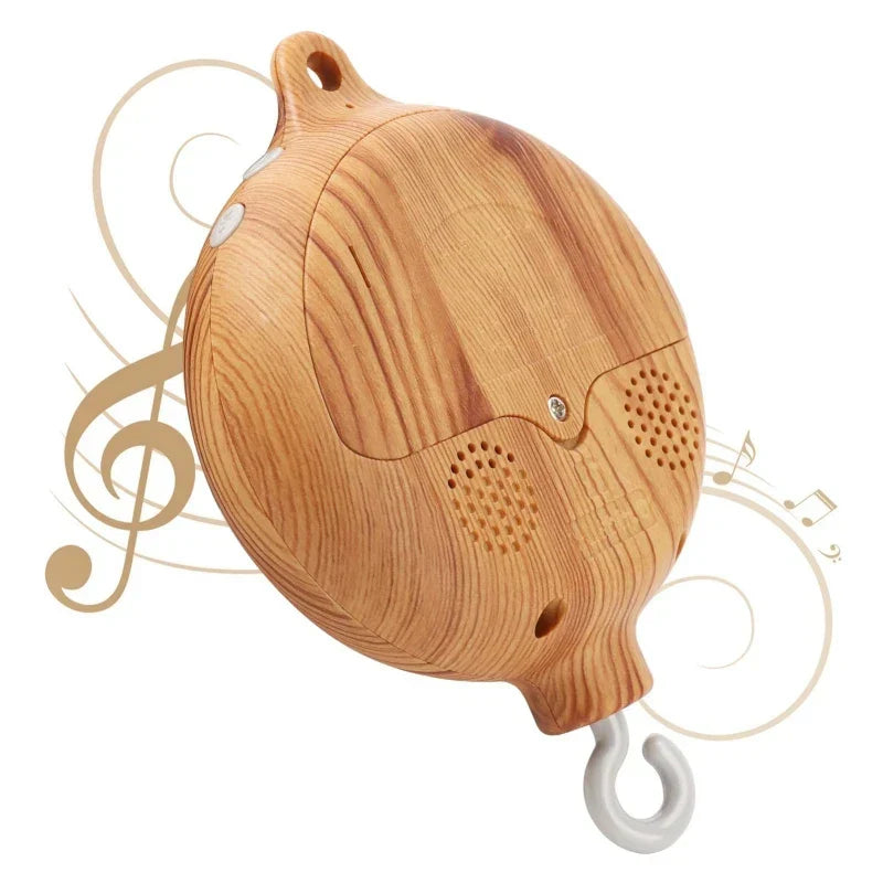 Wooden revolving music box with natural grain finish, perforated grilles, and hooks for newborns baby crib rattle soothing toy