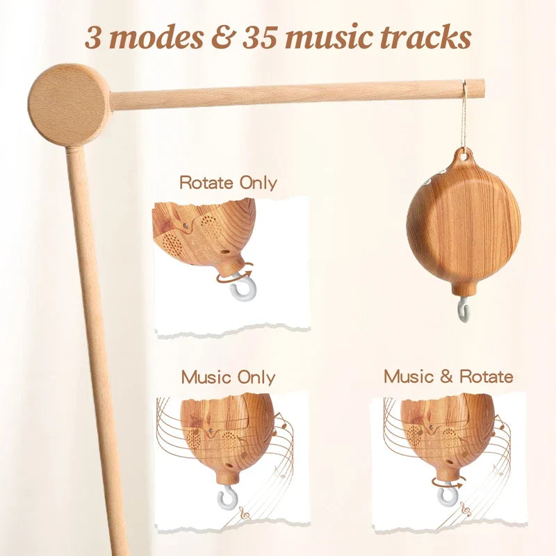 A light wood-grain revolving music box with round carved design and hook for newborns baby crib rattle baby soothing toy