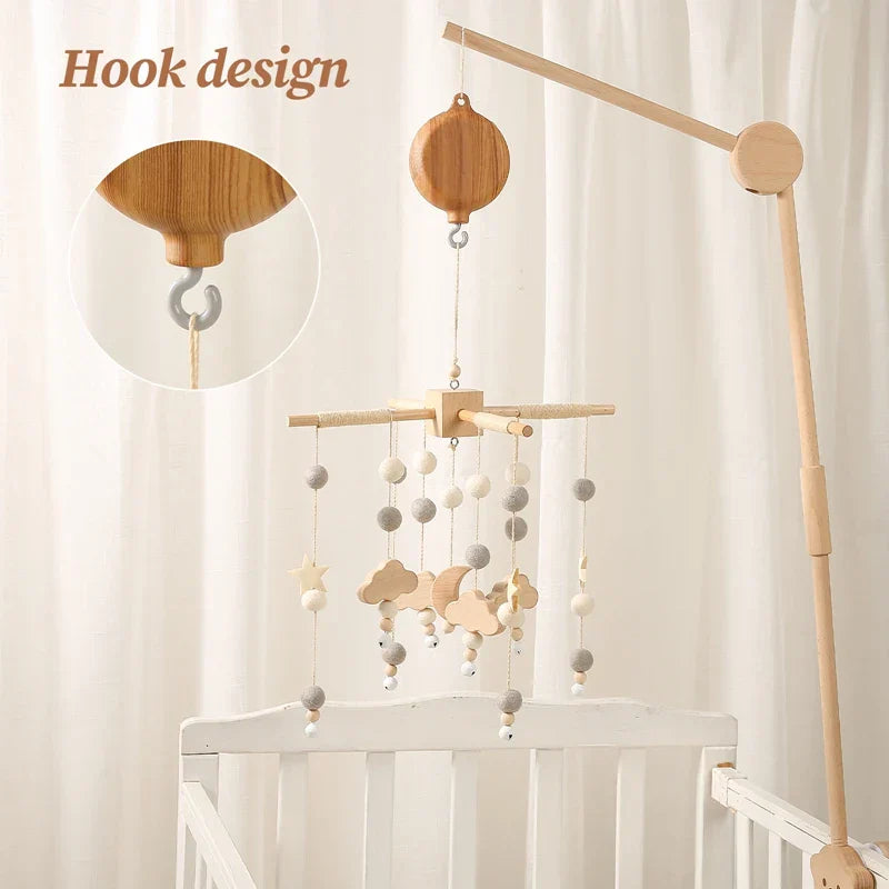 Light wood revolving music box with hanging clouds stars and beads for newborns baby crib rattle baby soothing toy