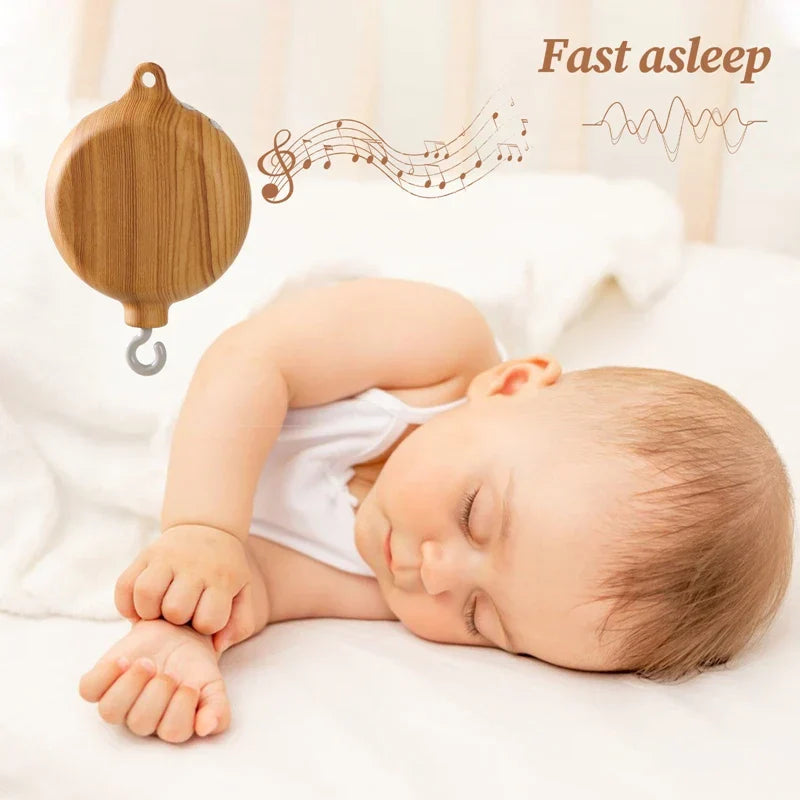 Wooden revolving music box with hanging hook in imitation wood color for newborns baby crib rattle baby soothing toy