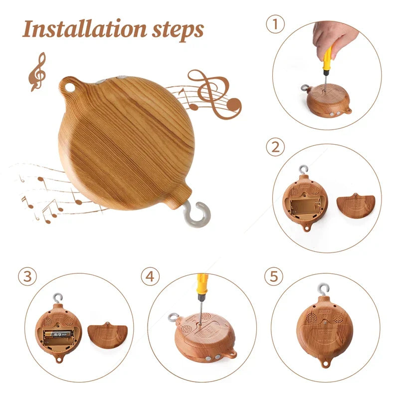 Wooden revolving music box with natural grain finish and silver hook for newborns baby crib rattle baby soothing toy