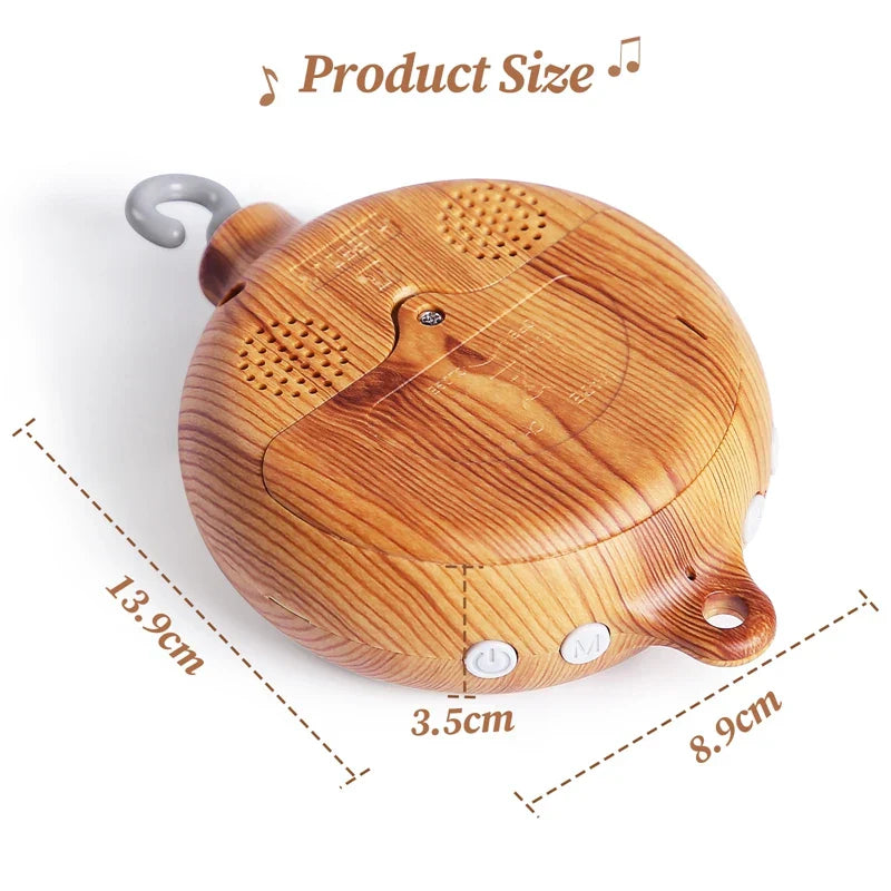Wooden revolving music box with natural grain finish, two buttons, and hook for newborns baby crib rattle baby soothing