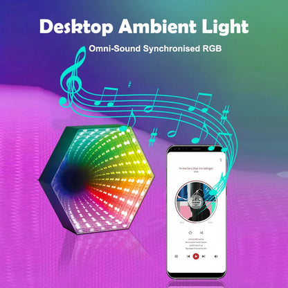 Rgb 3d hexagonal mirror tunnel desktop ambient lamp with music sync led lights for room decoration and gaming setup